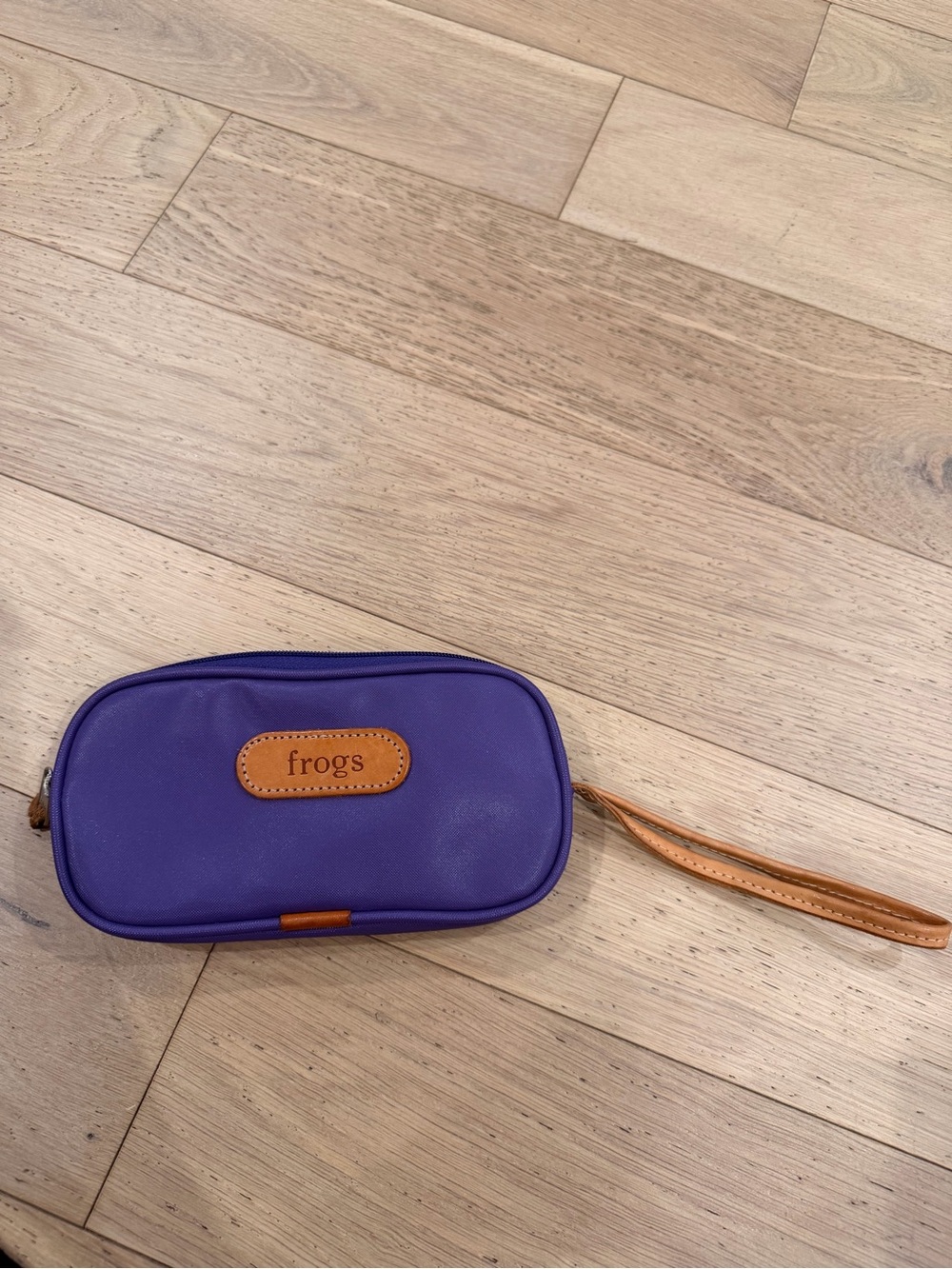 Frogs Purple Wristlet Clutch with Tan Trim